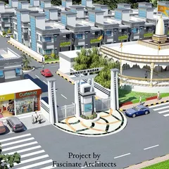 This render focuses on the entrance of the "Mahavir Nagar" development in Rajasthan. It highlights the community's planned features, including a grand entrance gate, adjacent commercial shops, and a central temple, which serve as key focal points for the township.