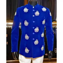 The full view of the royal blue velvet bandhgala, styled on a mannequin. This piece is a guaranteed head-turner, combining a vibrant color with traditional Indian artistry.