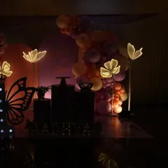 The same butterfly setup shown in low light to highlight the beautiful illuminated props. The glowing flowers, marquee number, and name letters add a dreamy touch to the evening's celebration.