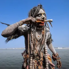 An Aghori sadhu during Masan Holi in Banaras, a ritual that challenges conventional ideas of life and purity. This is documentary photography at its most raw.