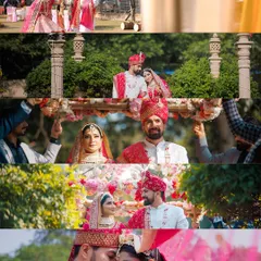 A collage depicting key moments of an outdoor wedding ceremony. It shows the couple's entry, the exchange of vows under the mandap, and intimate portraits, telling the story of the event.