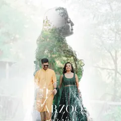 This creative portrait overlays the bride's silhouette with a lush green landscape, while the couple walks in the foreground. It’s a poetic and visually stunning way to tell a love story.