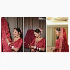 A collage showing the bride getting ready, capturing the final touches and her admiration of the wedding lehenga.