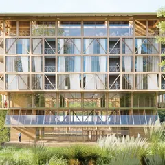 A frontal view of the proposed hotel in Kashmir, showcasing the timber-braced framework. This modern interpretation of Dhajji Dewari construction creates a visually light yet structurally robust facade suited for the region's climate and seismic conditions.