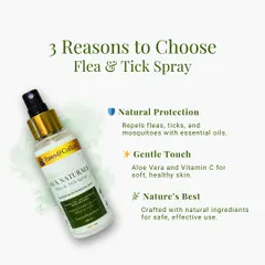 This graphic highlights three key reasons to choose our natural flea and tick spray. It offers natural protection with essential oils, a gentle touch with aloe vera, and is crafted with 100% natural ingredients for safe, effective use.