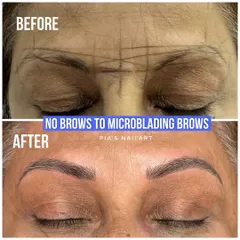 This is a powerful transformation showing the journey from having very few natural brow hairs to full, beautifully shaped microbladed brows. I specialize in working with mature skin, creating a natural, fluffy look that brings back definition and frames the face. This procedure is perfect for anyone looking to restore their eyebrows.