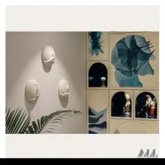 A diptych showing the final installed artwork alongside curated wall sculptures. This highlights how we layer different art forms to create a rich, textured, and cohesive interior narrative.
