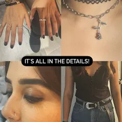 It's all in the details! A collage of accessory and makeup details from the 'Razdariyan' music video shoot, showing how small elements like rings, chokers, and belts complete a look.