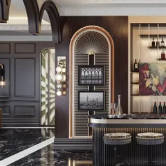 A moody and sophisticated bar area, defined by dramatic arches and a black marble floor. The render highlights the warm backlighting of the bar shelves and the intricate wall details.