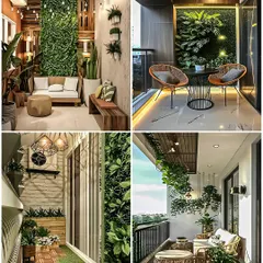 This inspiration board highlights different ways to incorporate greenery and natural wood. It features examples of full vertical gardens, cozy seating nooks, and various flooring and furniture styles.
