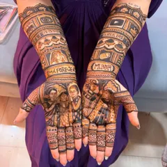 I can make your mehendi truly personal. This design includes custom couple portraits, the wedding hashtag, names, and even fun logos like Instagram and YouTube, reflecting the couple's unique story.