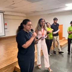 A student from Prometheus School bravely shares her work with the class. Our workshops are a safe space for students to build public speaking confidence.