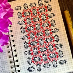 This geometric pattern in red, black, and white has a bold, graphic quality. Drawing these repeating shapes is a meditative practice for me, helping me find calm in the middle of a busy day.