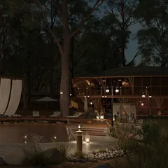 As dusk falls, the resort transforms. I used layered, warm lighting to create a magical and intimate atmosphere, highlighting the wooden textures and natural pathways. The goal was to make the evenings feel as serene and enchanting as the day.
