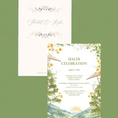 A closer look at the Haldi Celebration card and the main invitation for the Canmore wedding. The consistent illustration style ties the whole suite together, telling a cohesive story of a wedding in the mountains.