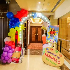 The fun starts right at the entrance with this Art Party theme. A custom archway decorated with colorful balloons and giant crayon cutouts welcomes guests into a world of creativity and imagination.