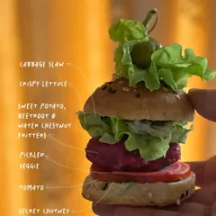 This is a breakdown of what makes my sliders so special. From the secret chutney base to the sweet potato, beetroot, and water chestnut fritter, every layer is designed for maximum flavor and texture.