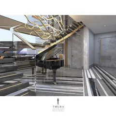 Luxury living is a multi-sensory experience. Here, a grand piano becomes the heart of the home, positioned beneath a custom-designed, wave-like chandelier and a floating staircase, turning an architectural feature into a piece of art.