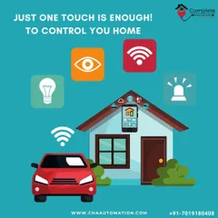 One touch is all it takes to control your entire home. This graphic illustrates how a single point of contact, your smartphone, can manage security, lighting, and connectivity for your house and vehicle.