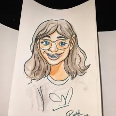 A finished watercolor caricature of a smiling guest, showcasing the fun and artistic style our artists can provide.