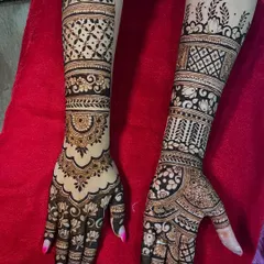 A side-by-side comparison of two different but complementary back-hand bridal designs, showcasing my versatility with patterns, from geometric grids to floral mandalas.