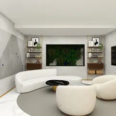 Another angle from the same rendering, showing the complete seating arrangement and how the different elements like the living wall, shelving, and furniture come together to create a cohesive and sophisticated space.