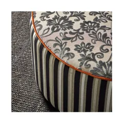 The 'Lombardi' collection features luxurious and decadent velvets with traditional patterns. This close-up shows the rich texture and how I mix stripes and florals for a layered, classic look on an ottoman.
