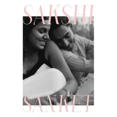 A beautifully designed portrait with text overlay. This style combines photography with graphic design to create a modern, magazine-like feel for a save the date or announcement.