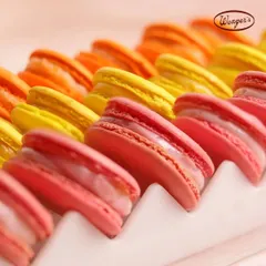A vibrant lineup of our French Macarons. These delicate almond meringue cookies are filled with ganache or buttercream and come in a variety of exciting flavours.