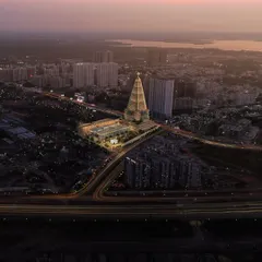 The Hare Krishna Tower in Hyderabad, captured here at dusk, is a project that redefines the city's skyline. Our design for this spiritual and cultural high-rise blends contemporary architecture with traditional purpose, creating an iconic landmark for the community.