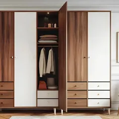 A classic four-door wardrobe with a beautiful wood and white finish. The design includes external drawers, providing a variety of storage options for different types of clothing.