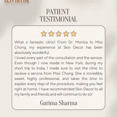 It means the world to me when patients make a special trip to my clinic, even from as far as New York. Garima Sharma's kind words about her experience with my team and me reaffirm my commitment to providing professional, personalized care that makes you feel right at home.