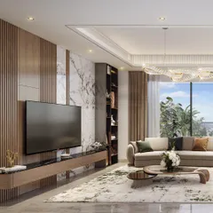 In the Dualis residences, I focused on creating a sense of openness and flow. The living area features a mix of wood paneling and marble, with large windows that flood the space with natural light and connect the interior to the expansive views outside.