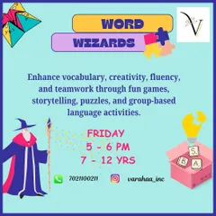 Welcome to Word Wizards, a creative vocabulary-building class for ages 7-12. We use fun games, storytelling, puzzles, and group activities to enhance vocabulary, fluency, and teamwork, making language feel like play.