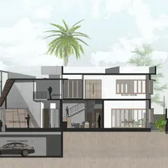 This architectural section of the 'Kodial Cove' residence illustrates the internal volumes and spatial relationships. The design accommodates a workshop, library, and music room, all while maximizing light and creating a connection to the outdoors.