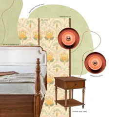 This mood board was our starting point for a traditional bedroom design. It combines key elements like a vintage-style side table, terracotta lights, and floral wallpaper to create a clear visual direction for the space.