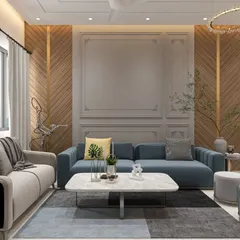 A different view of the same living area, showcasing the balance between different seating options and the use of a patterned rug to ground the space. The design ensures there is a comfortable spot for everyone.