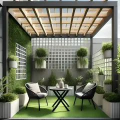 I designed this terrace with a modern pergola and a lush green wall to create a private outdoor lounge. The comfortable seating and mix of textures make it an ideal space for relaxing or hosting friends.