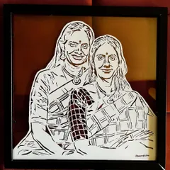Here is the finished, framed portrait I created for the iconic Carnatic musicians, Ranjani and Gayatri. I love how the clean lines and details look in a simple black floating frame, making the art the complete focus.