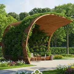 We design sustainable solutions that are both beautiful and practical. This curved wooden structure with an integrated vertical garden provides a shaded seating area, demonstrating how to create cool, green corners in public spaces.