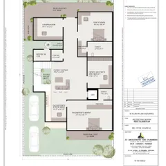 The first-floor plan for a 264 sq. yard residential duplex in Faridabad. This level includes a family lounge, multiple bedrooms, and a dedicated office area, all planned for comfort and privacy.