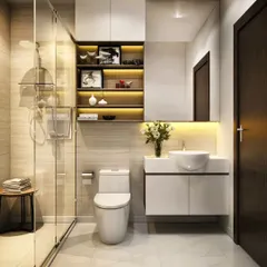 A clean and contemporary bathroom with a glass-enclosed shower. The vanity includes backlit open shelving, providing a warm glow and a perfect spot for decorative items.