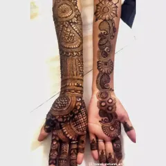 This image shows a comparison between two styles on the same person. One hand features a dense, traditional Indian design, while the other has a flowing, floral Arabic pattern.