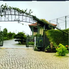 Looking out from the FINCH entrance, the design reveals a winding road that follows the land's natural contours. The organic steel structure above is designed for creepers to form a living archway.