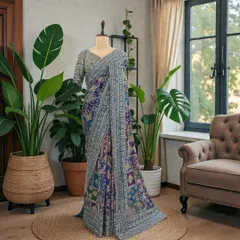 A beautiful multi-color printed saree with a heavy silver embroidered border and matching blouse. This is a perfect outfit for a sangeet or a festive party, offering a blend of color and sparkle.