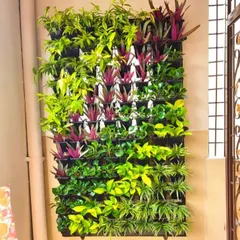 We love creating patterns with plants. This vertical garden uses a mix of bright green and deep purple plants to create a visually striking design on an exterior wall.
