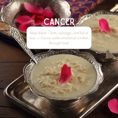 For the sensitive Cancer sign, we chose Malai Rabdi. It's soft, nostalgic, and full of love, offering the emotional comfort that Cancer seeks through food.