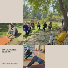 A collage capturing the spirit of our local retreats: love, laughter, and learning. From outdoor relaxation to indoor asana practice, it is a complete experience of rejuvenation.