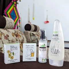 A beautiful collection of some of our daily essentials. This includes our Honey Lemonade and Turmeric Milk natural soaps, our refreshing Rose Water Face Toner, and our versatile Aloe Vera Gel. All handmade with natural ingredients.