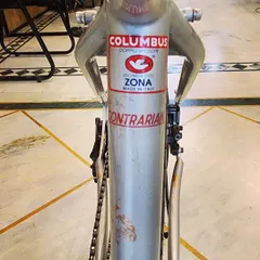 This detail shot shows the Columbus Zona tubing sticker on the 'Contrarian' frame. Using high-quality steel like this ensures a bike that is not only strong and durable but also has a lively and comfortable ride feel.